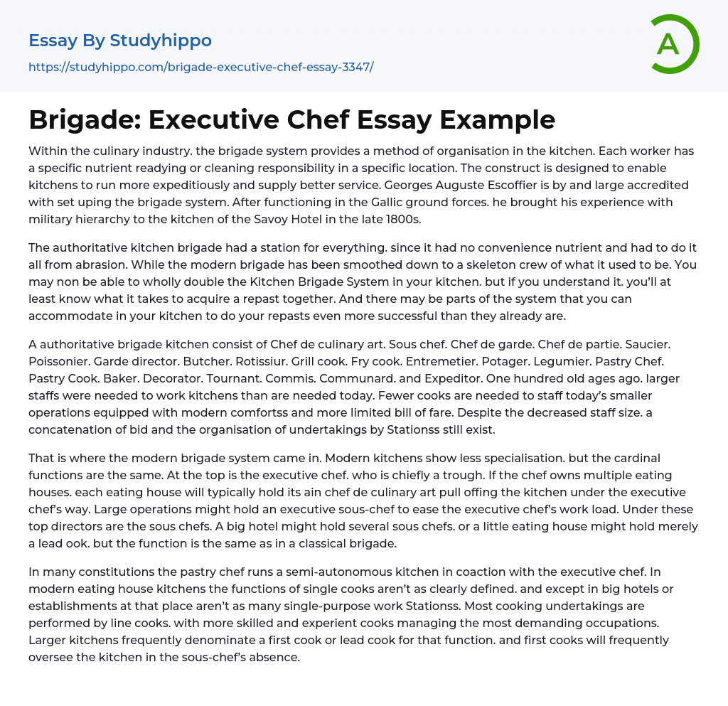 Brigade: Executive Chef Essay Example