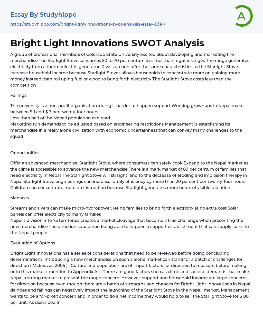 Bright Light Innovations SWOT Analysis Essay Example