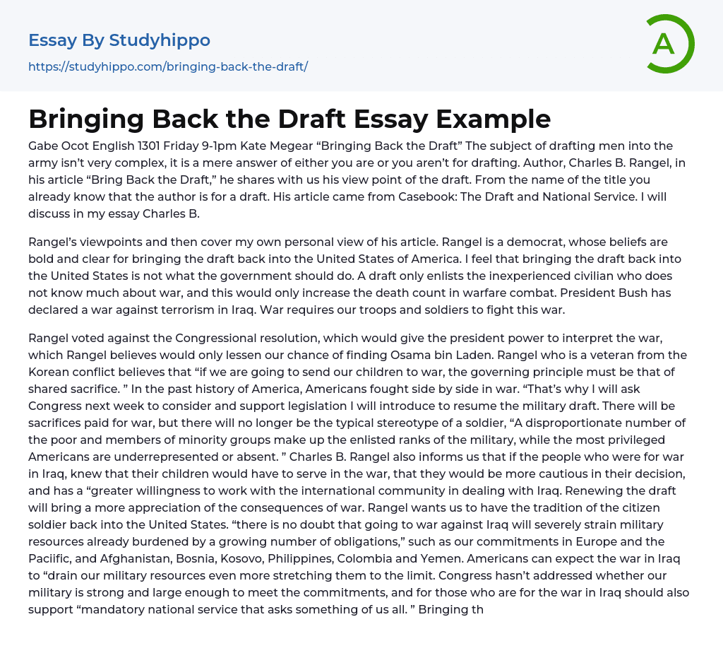 Bringing Back the Draft Essay Example