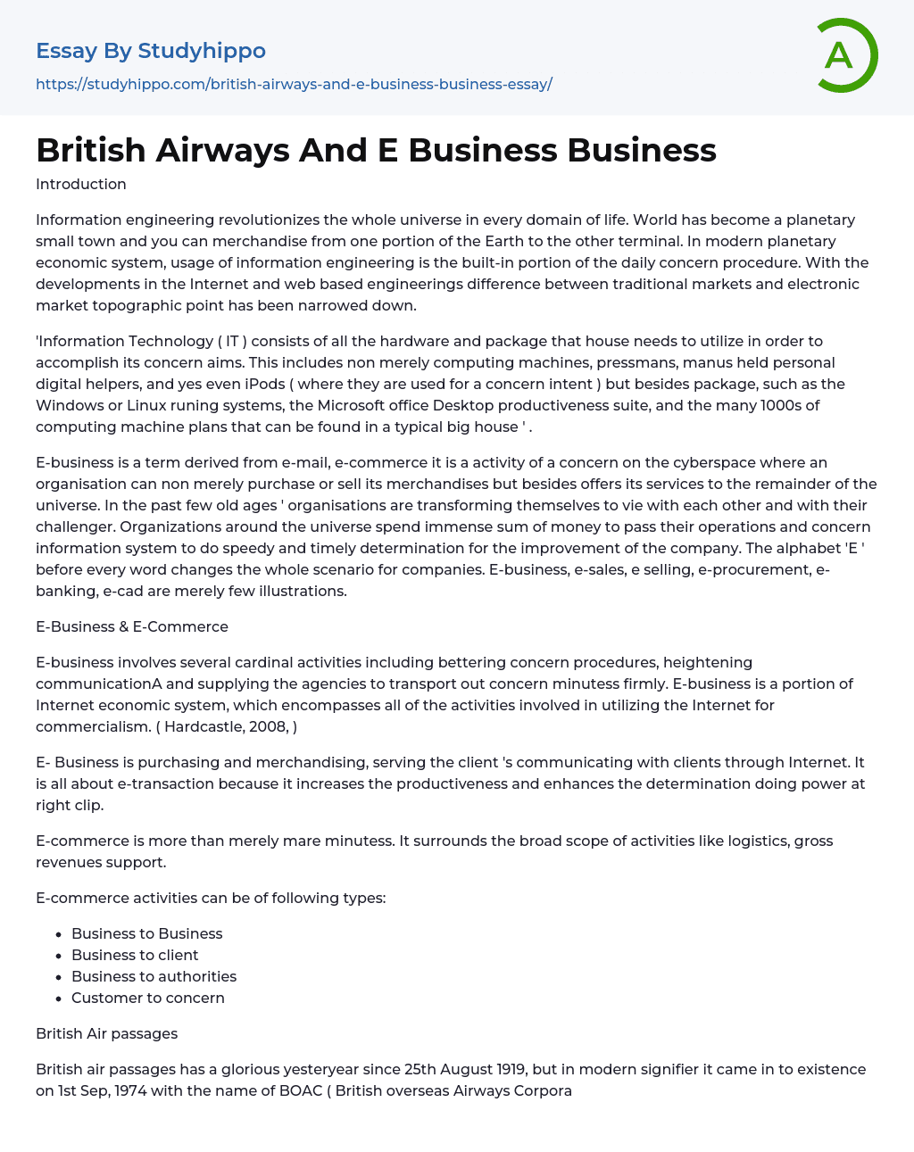 British Airways And E Business Business Essay Example