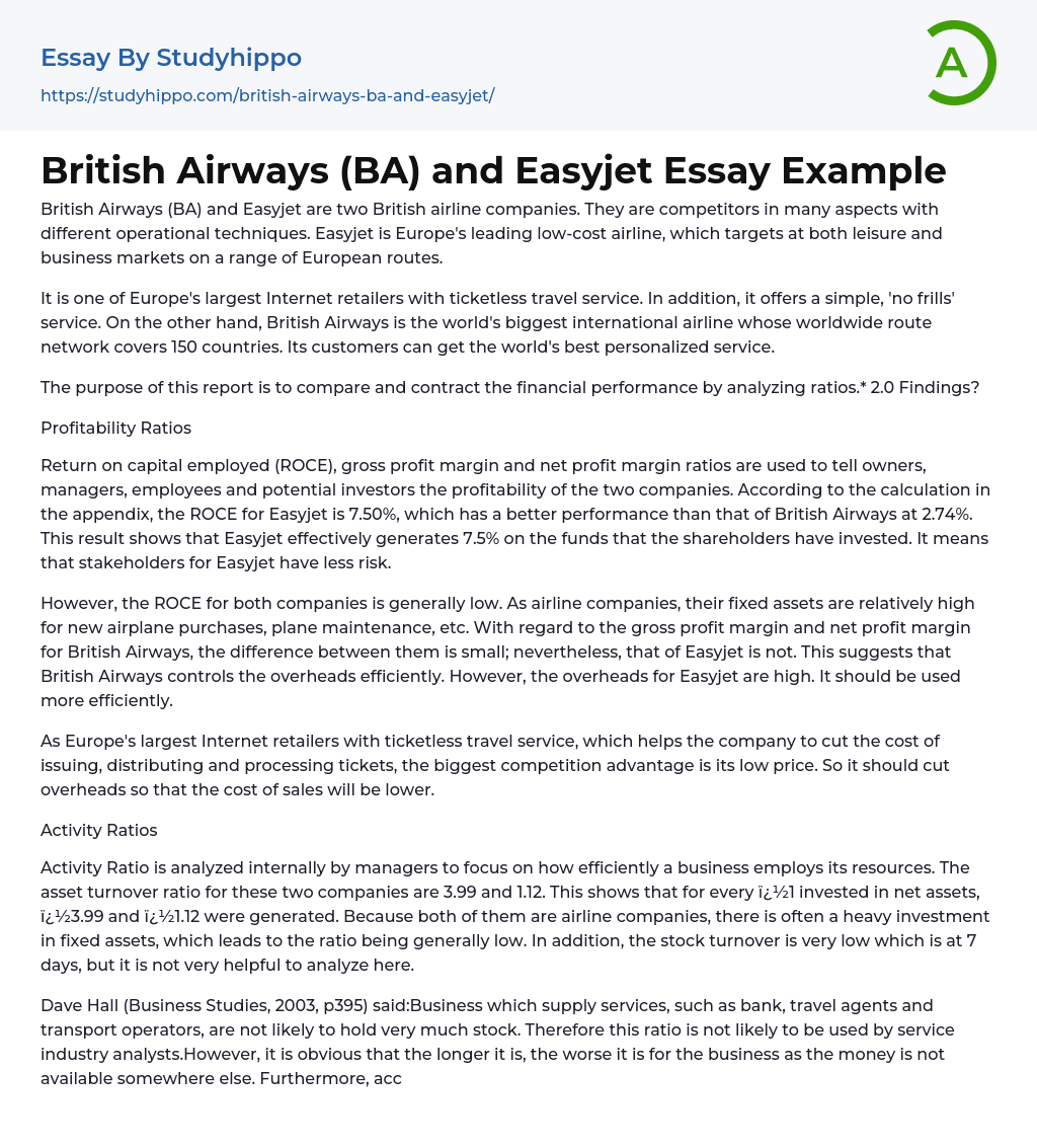 British Airways (BA) and Easyjet Essay Example