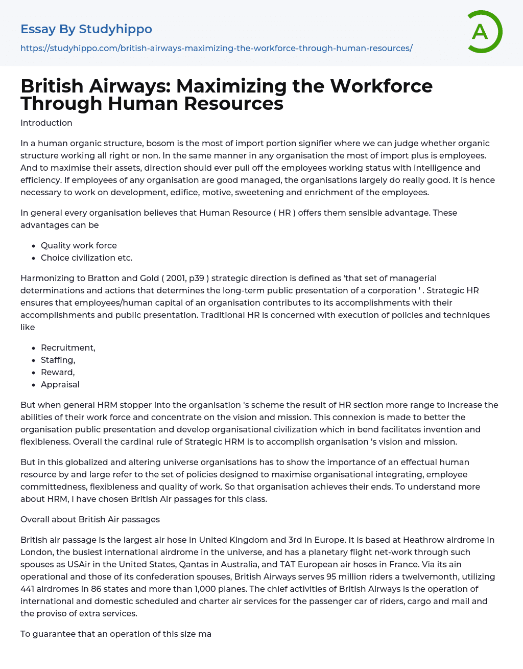British Airways: Maximizing the Workforce Through Human Resources Essay Example
