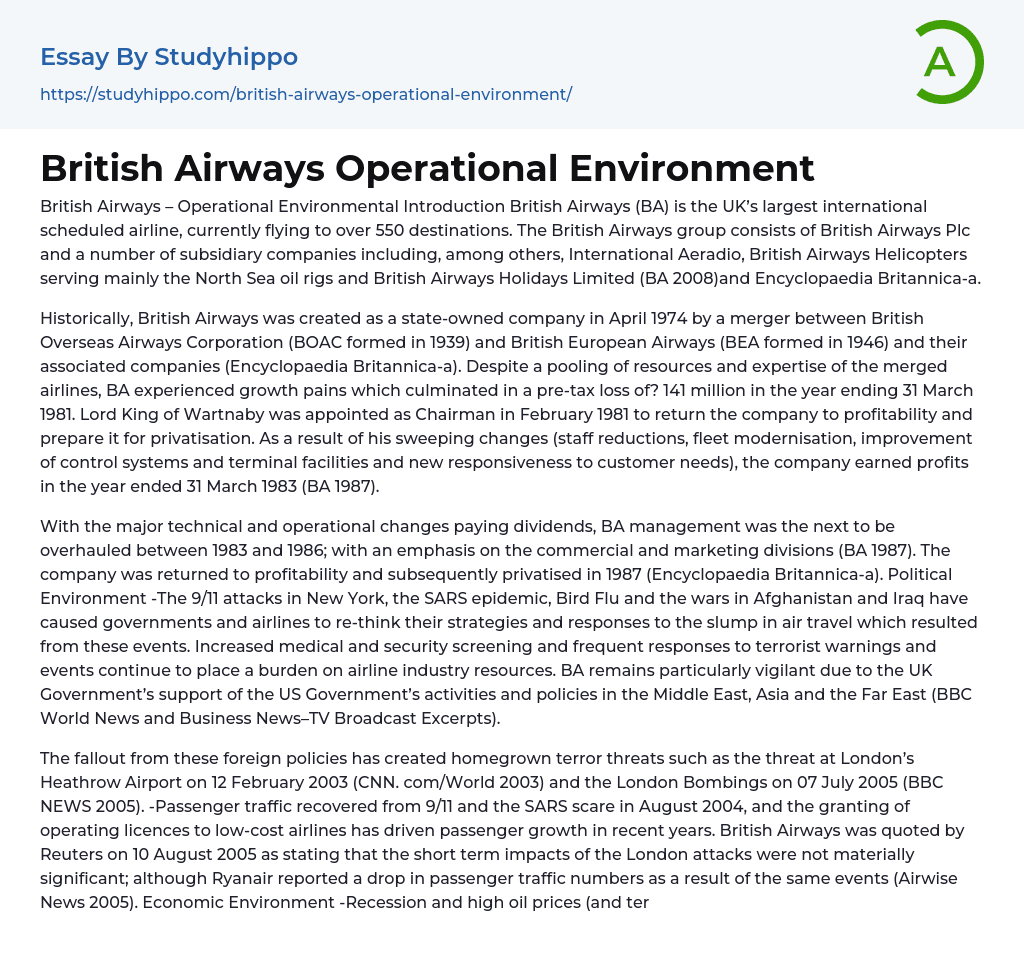 British Airways Operational Environment Essay Example