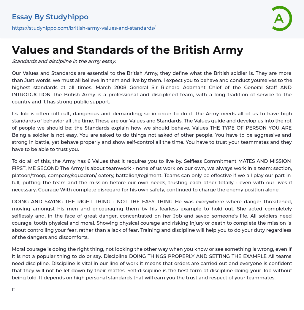 Values and Standards of the British Army Essay Example