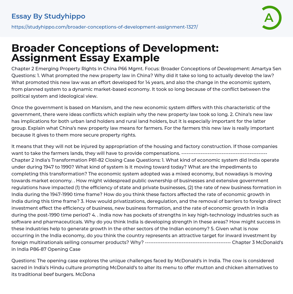 Broader Conceptions of Development: Assignment Essay Example