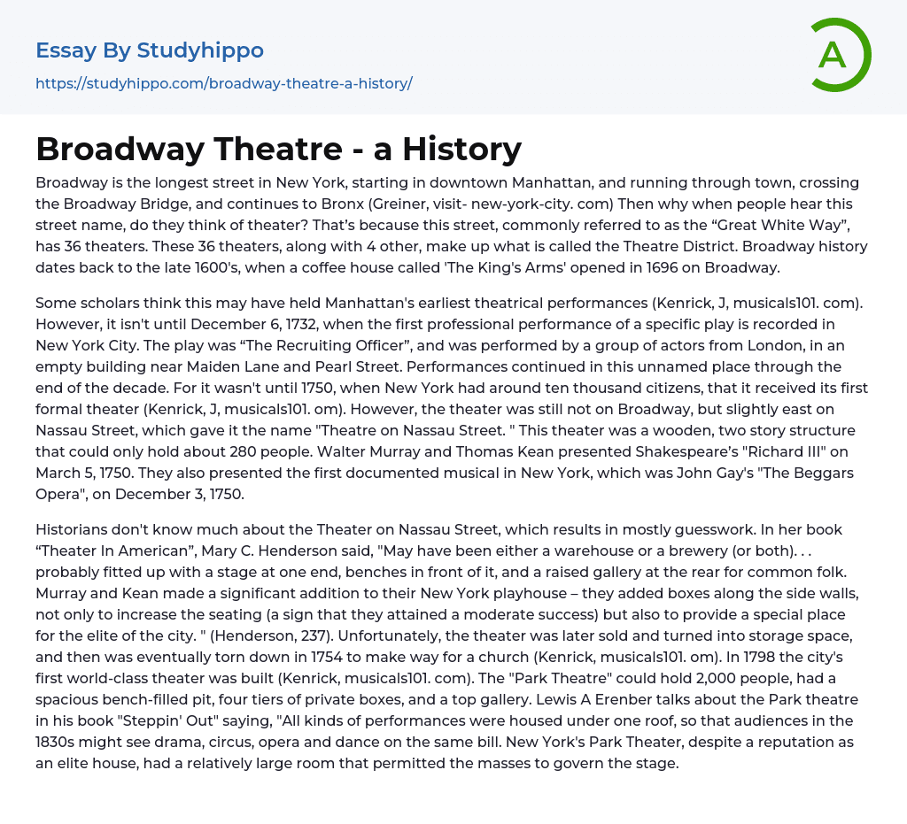 Broadway Theatre – a History Essay Example