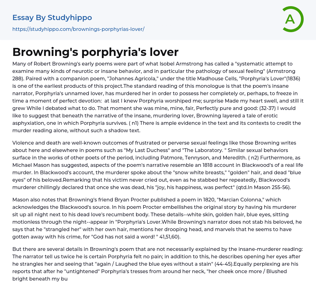 Browning’s porphyria’s lover Essay Example