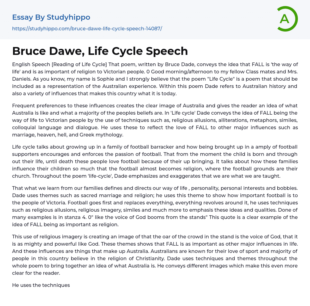 Bruce Dawe, Reading of Life Cycle Speech Essay Example