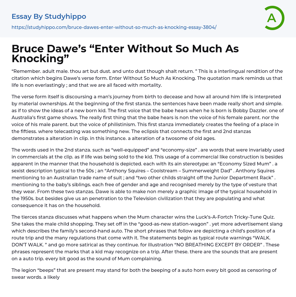 Bruce Dawe’s “Enter Without So Much As Knocking” Essay Example