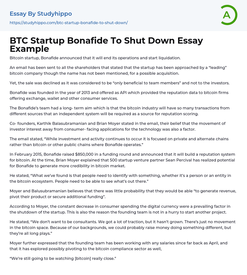 BTC Startup Bonafide To Shut Down Essay Example