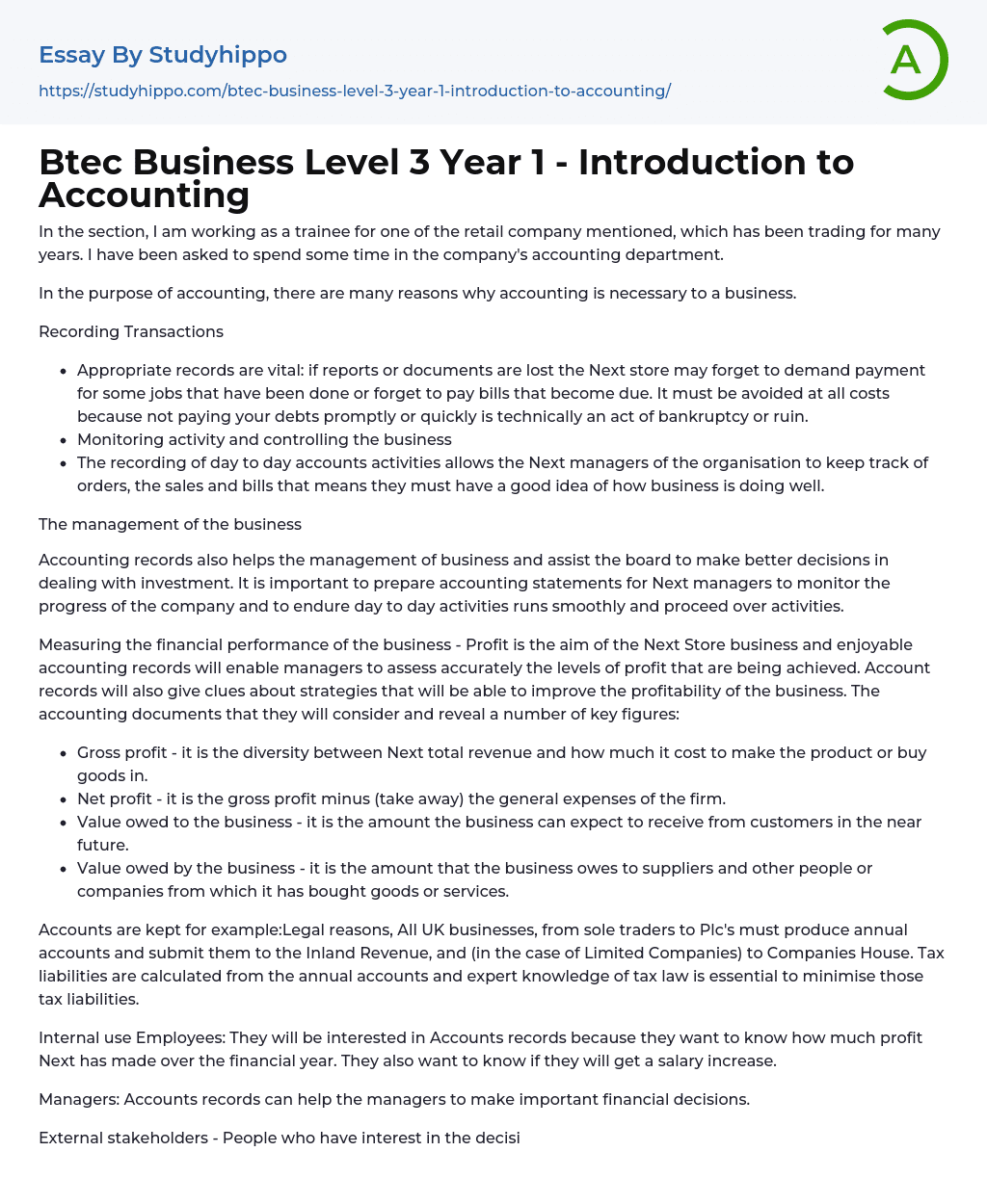 Btec Business Level 3 Year 1 – Introduction to Accounting Essay Example