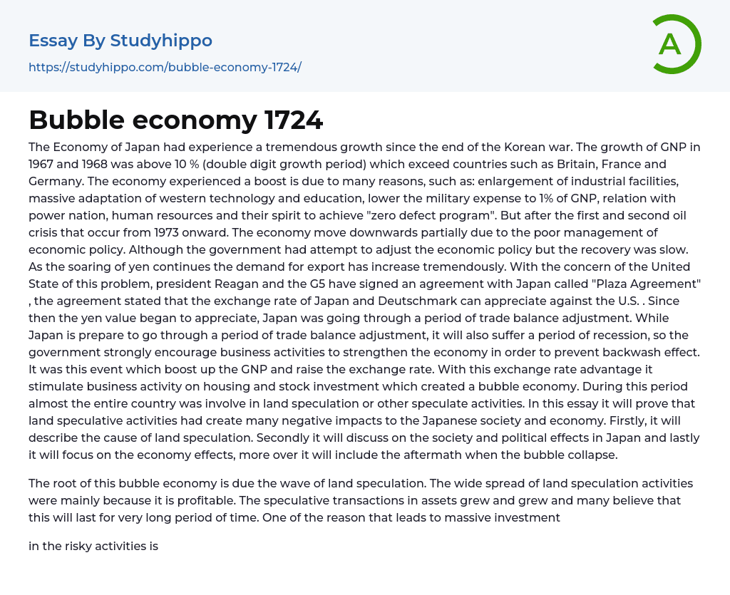 Bubble economy 1724 Essay Example