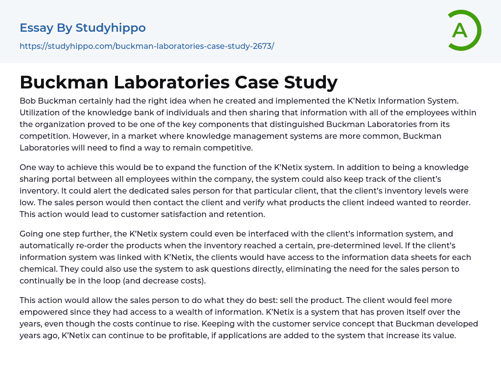 Buckman Laboratories Case Study Essay Example