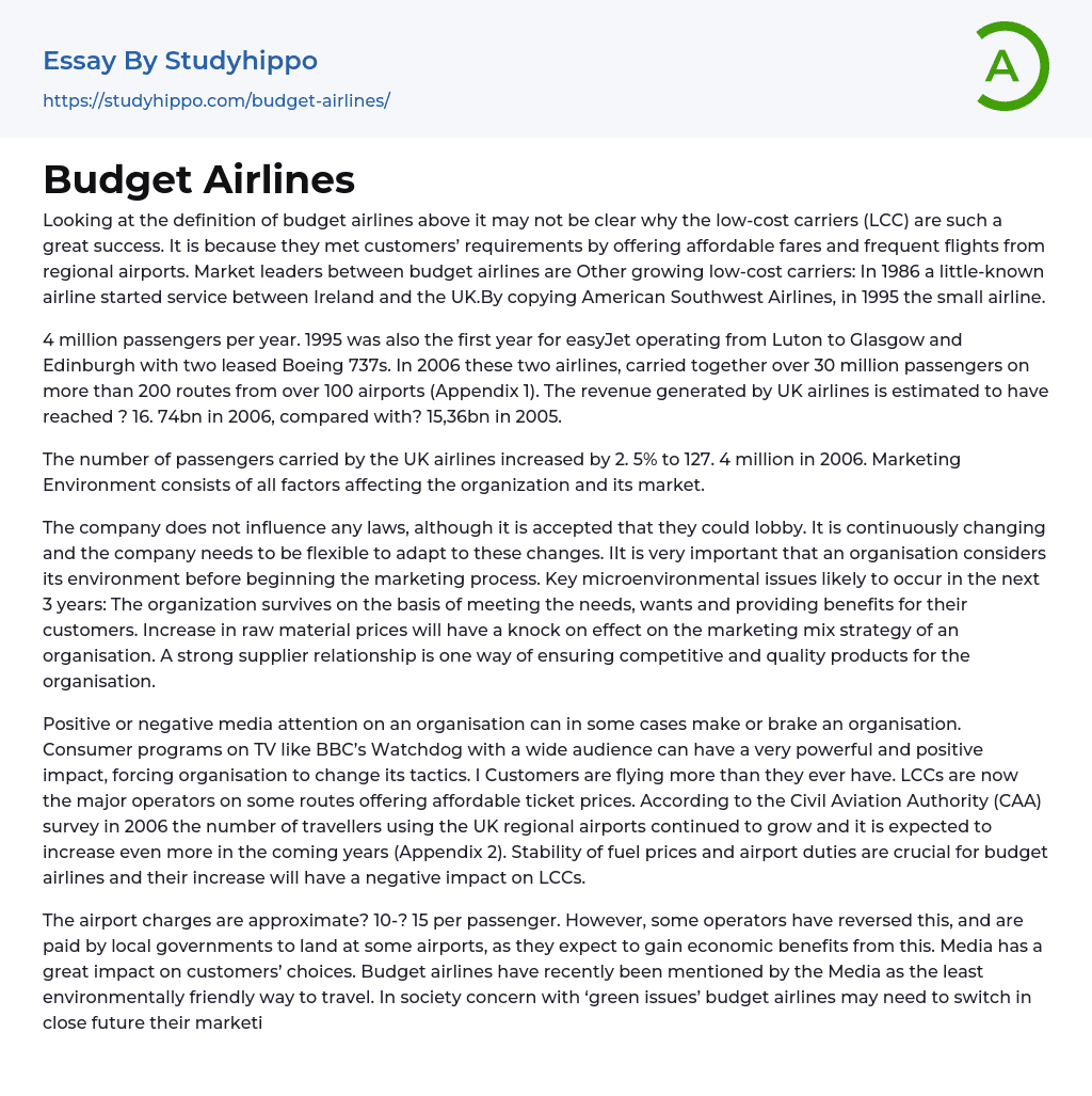 Budget Airlines Essay Example