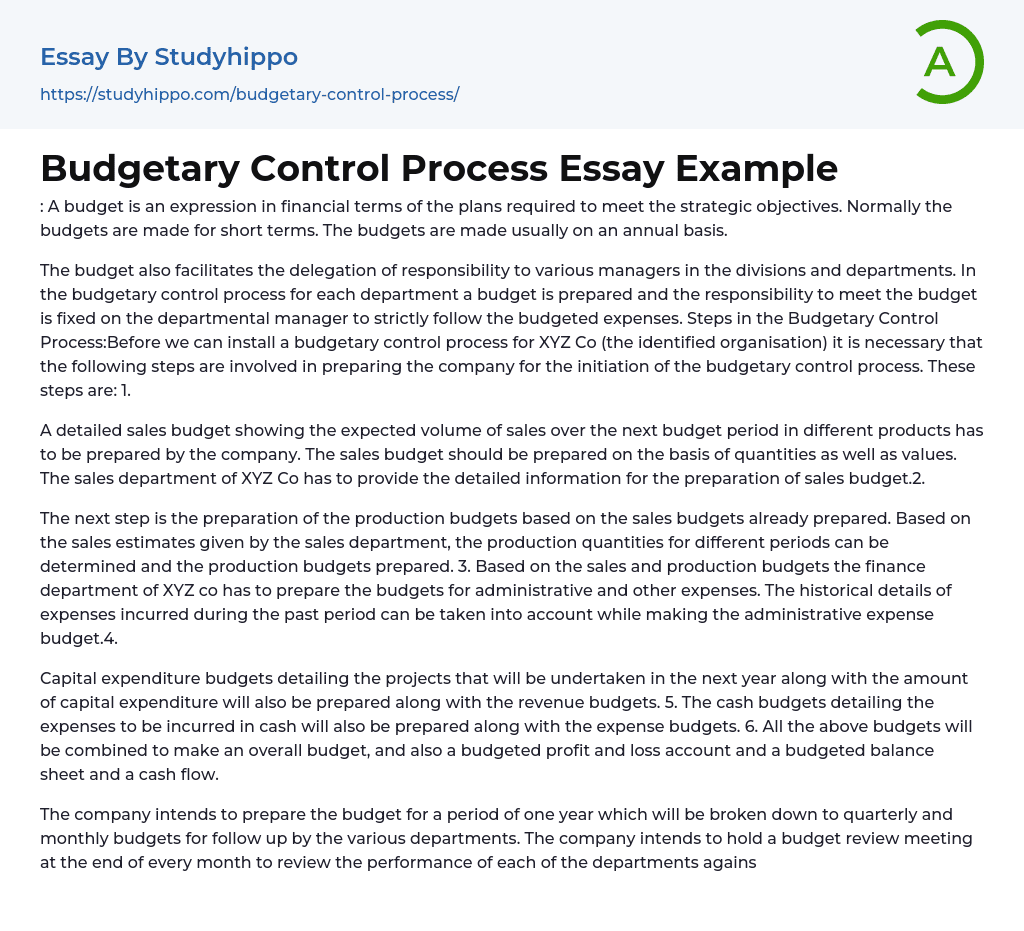 Budgetary Control Process Essay Example
