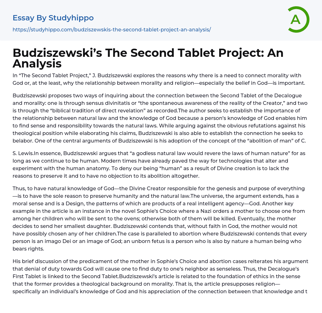 Budziszewski’s The Second Tablet Project: An Analysis Essay Example
