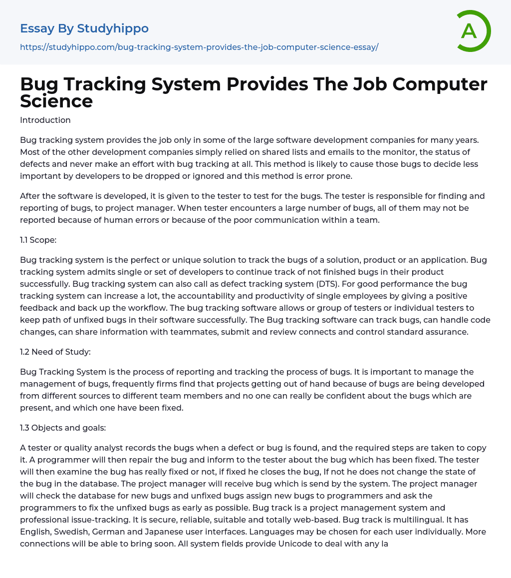 Bug Tracking System Provides The Job Computer Science Essay Example