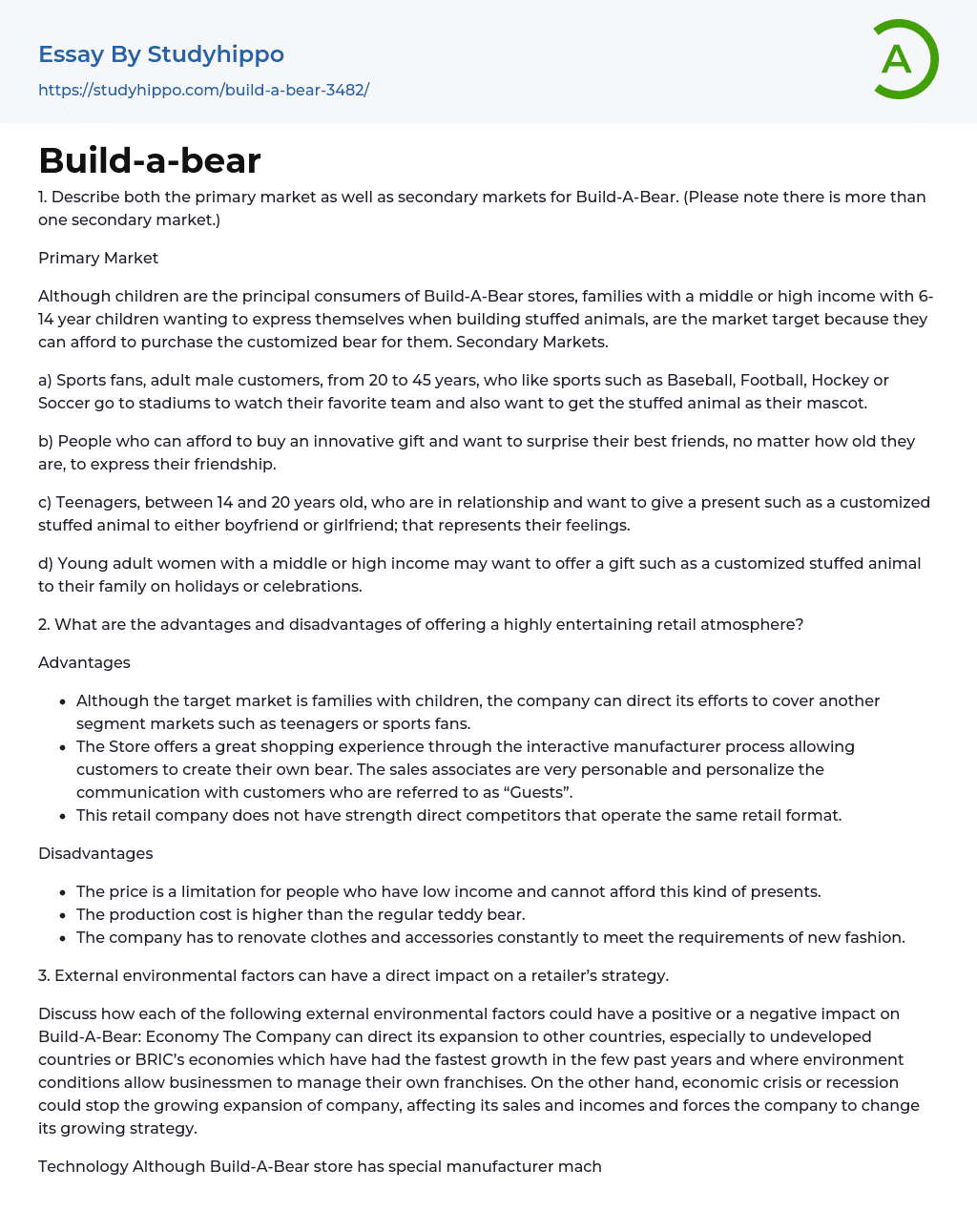 Build-a-bear Essay Example