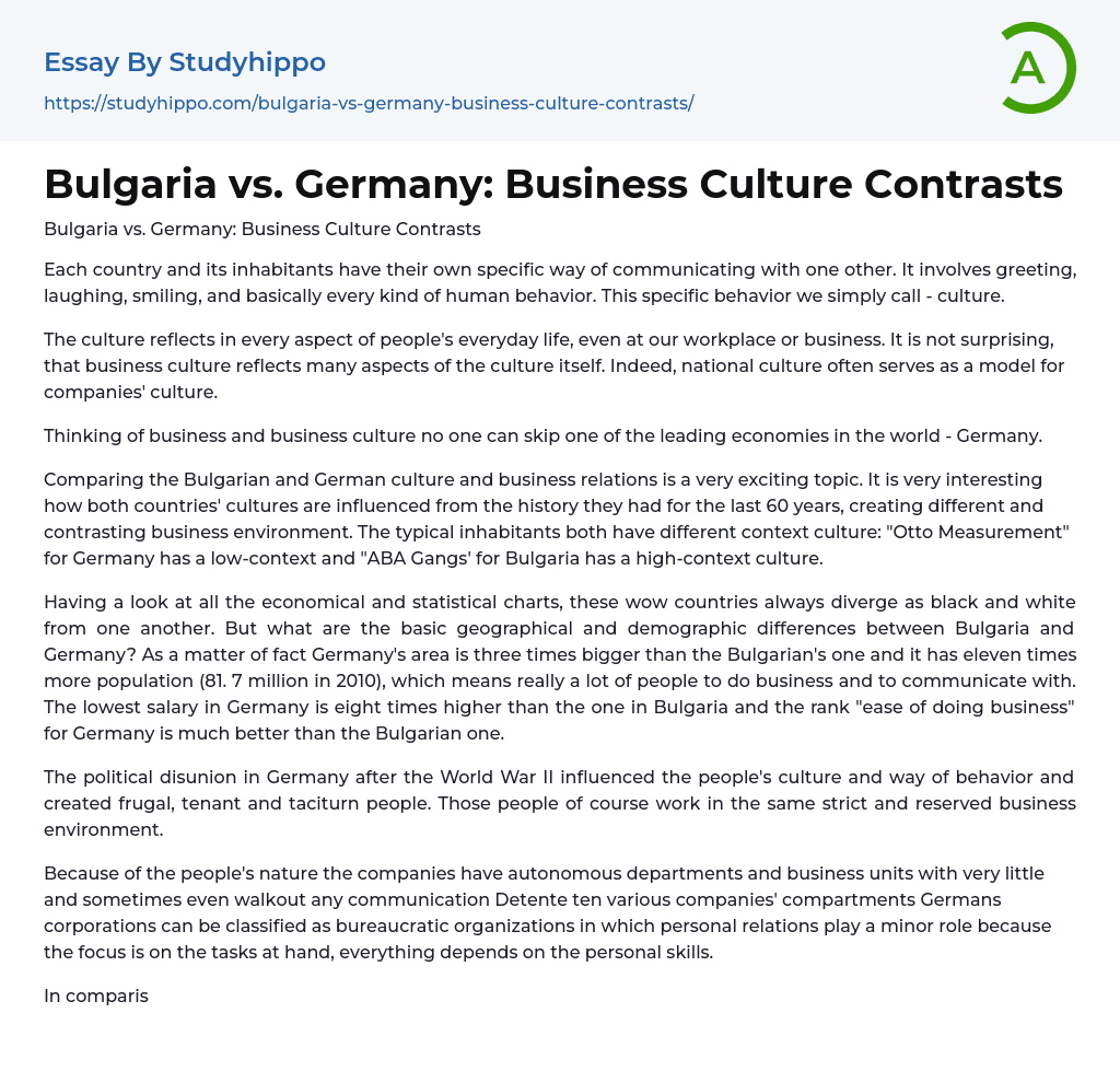 Bulgaria vs. Germany: Business Culture Contrasts Essay Example