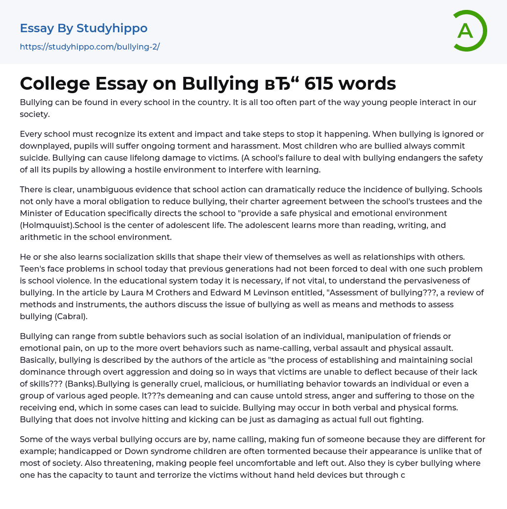 College Essay on Bullying 615 words