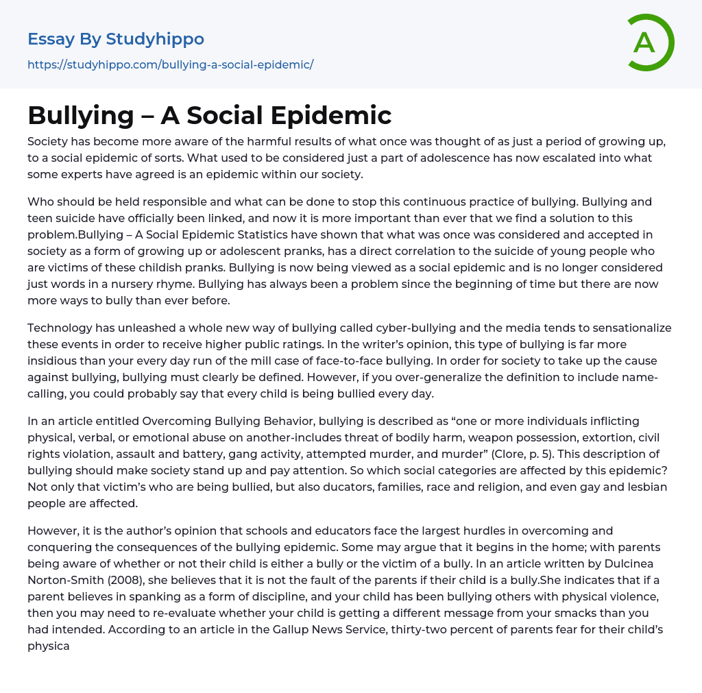 Bullying – A Social Epidemic Essay Example