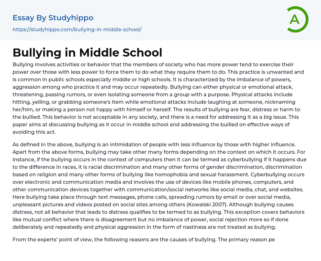 Bullying in Middle School Essay Example