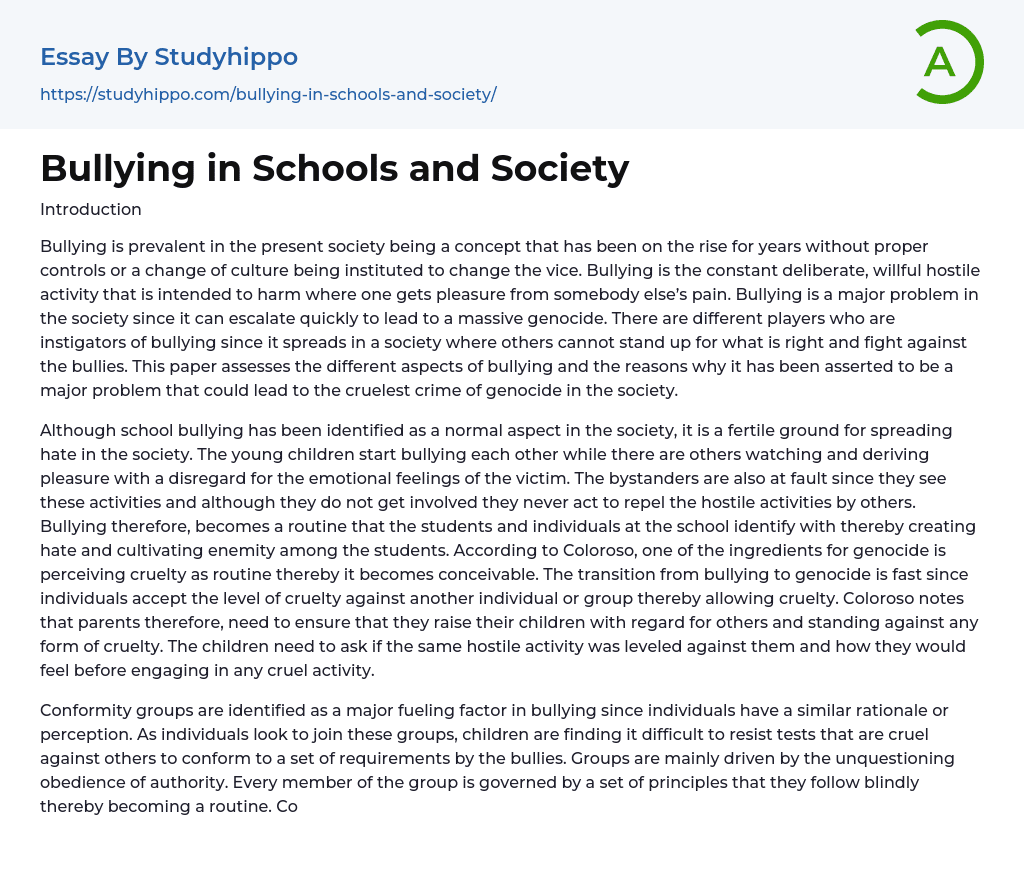 Bullying in Schools and Society Essay Example