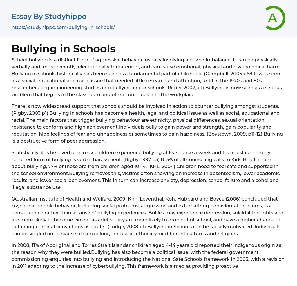 Bullying in Schools Essay Example