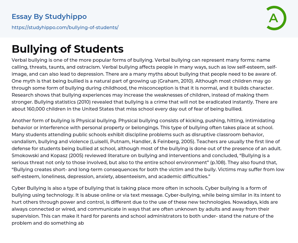 Bullying of Students Essay Example