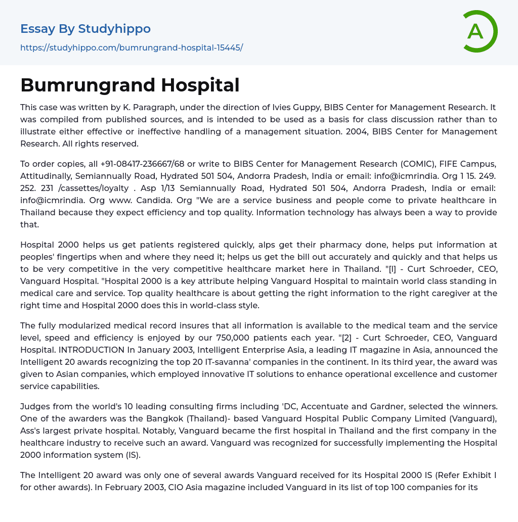 Bumrungrand Hospital Essay Example