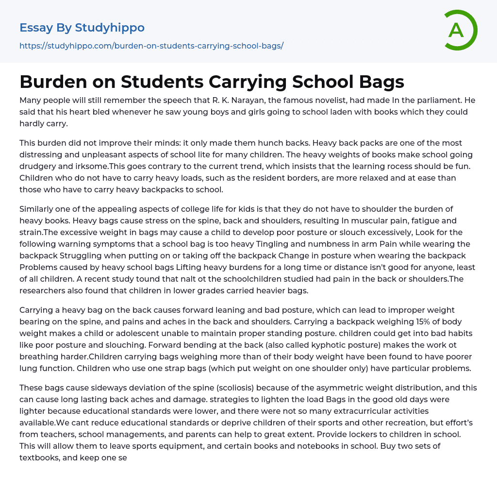 Burden on Students Carrying School Bags Essay Example