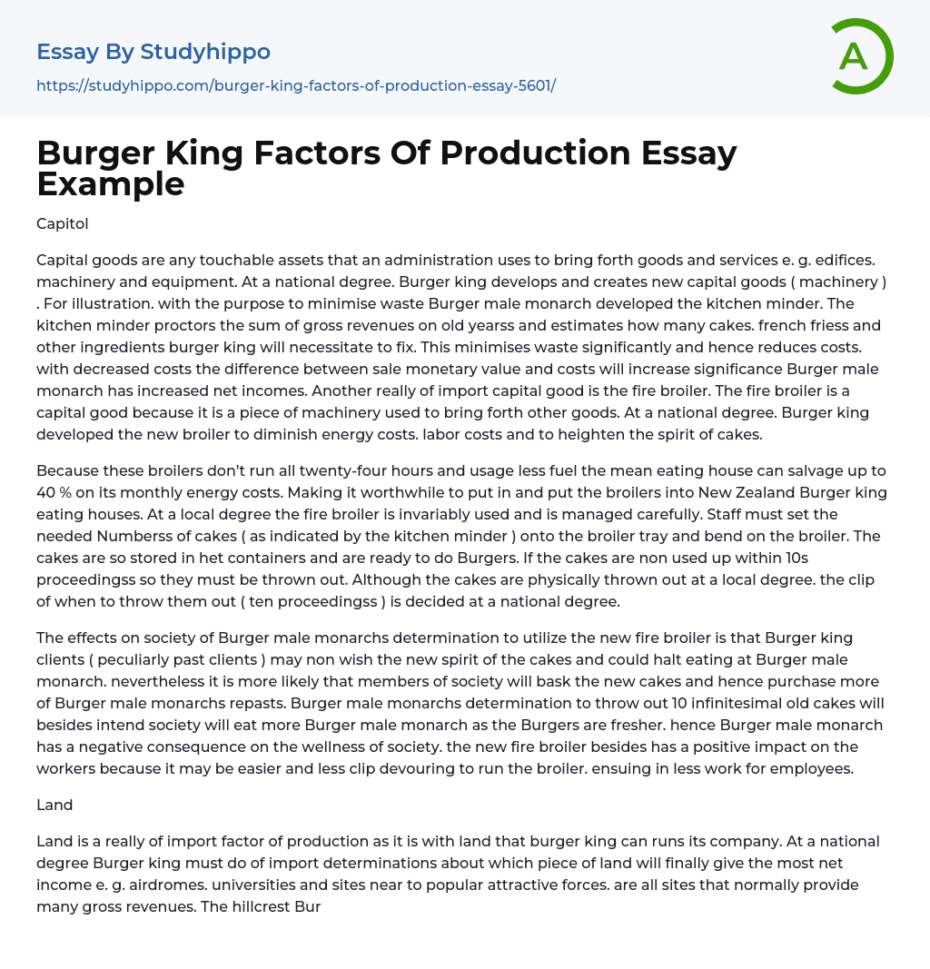 Burger King Factors Of Production Essay Example