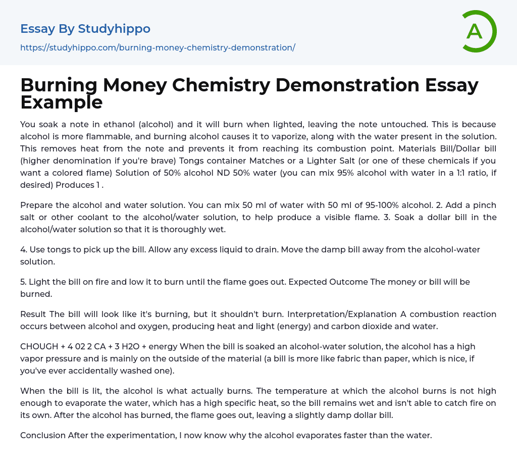 Burning Money Chemistry Demonstration Essay Example