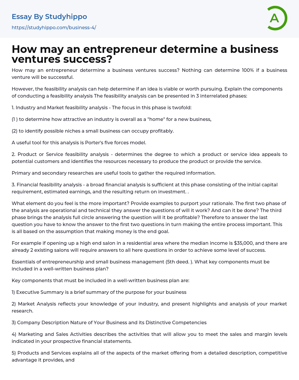 How may an entrepreneur determine a business ventures success? Essay Example