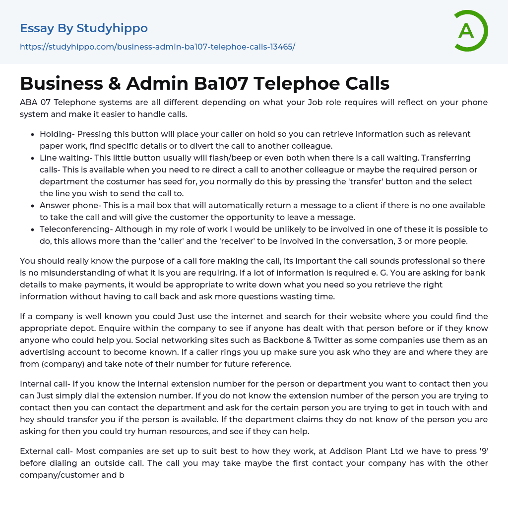 Business & Admin Ba107 Telephoe Calls Essay Example