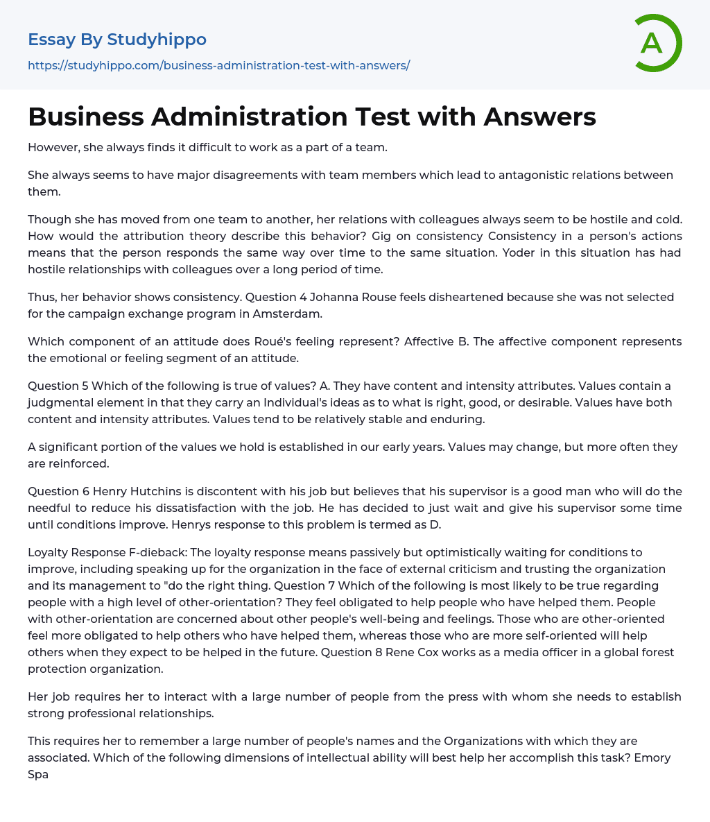 Business Administration Test with Answers Essay Example