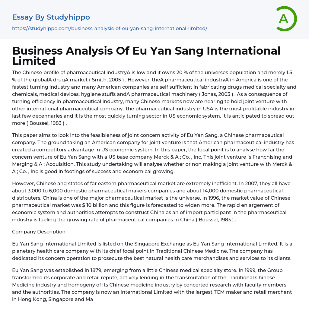 Business Analysis Of Eu Yan Sang International Limited Essay Example