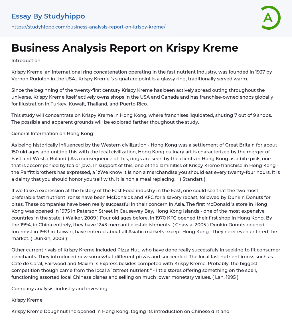 Business Analysis Report on Krispy Kreme Essay Example