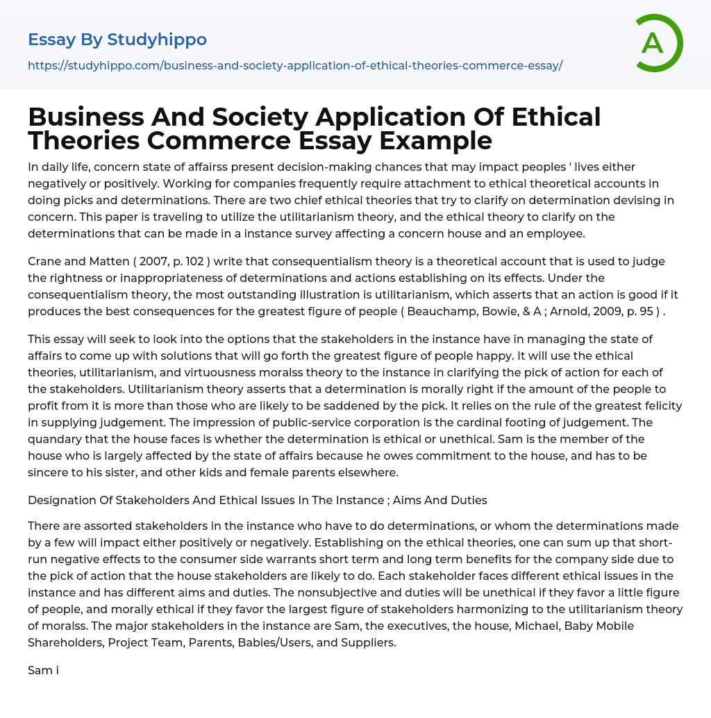 Business And Society Application Of Ethical Theories Commerce Essay Example