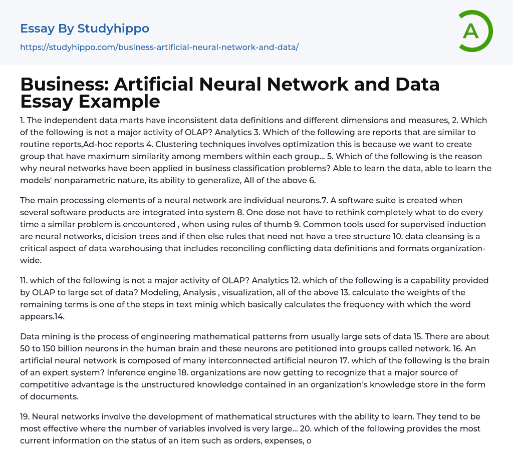 Business: Artificial Neural Network and Data Essay Example