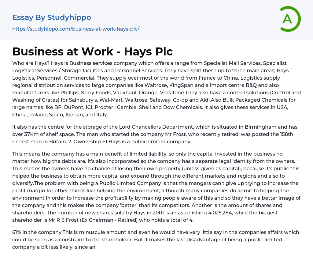 Business at Work – Hays Plc Essay Example