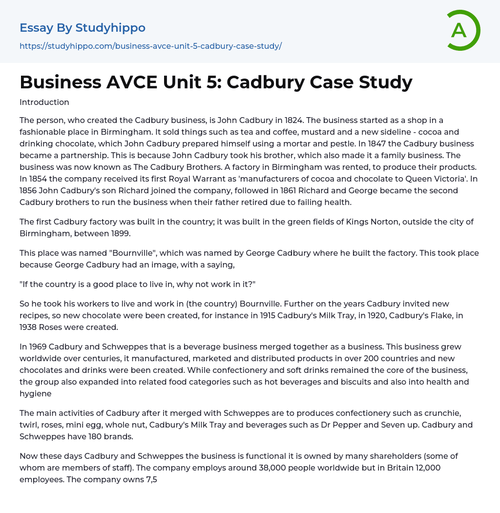 Business AVCE Unit 5: Cadbury Case Study Essay Example