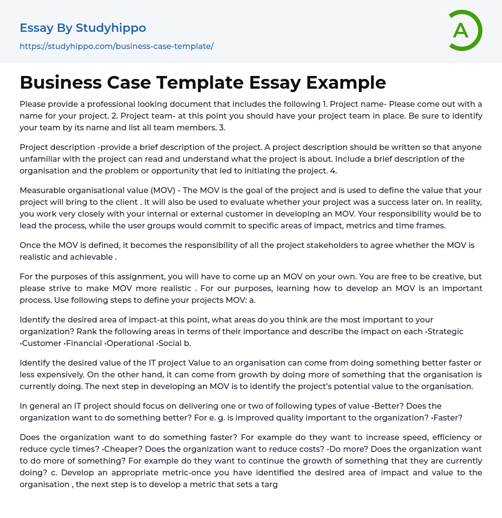 Business Case Template Essay Example