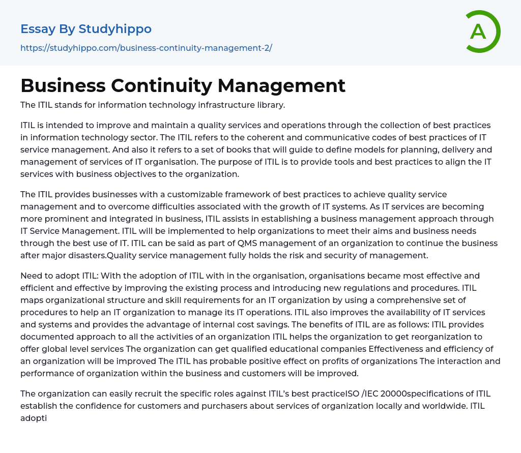 Business Continuity Management Essay Example