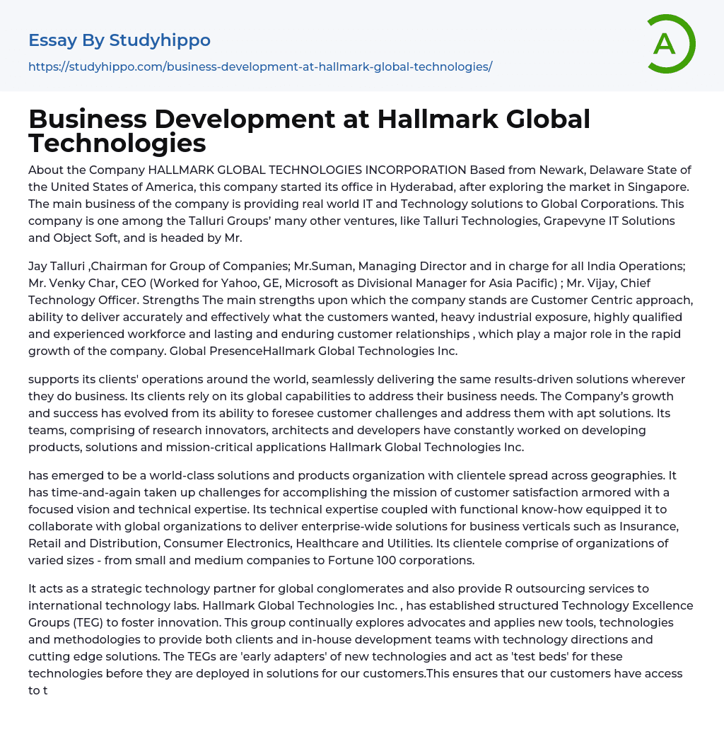 Business Development at Hallmark Global Technologies Essay Example