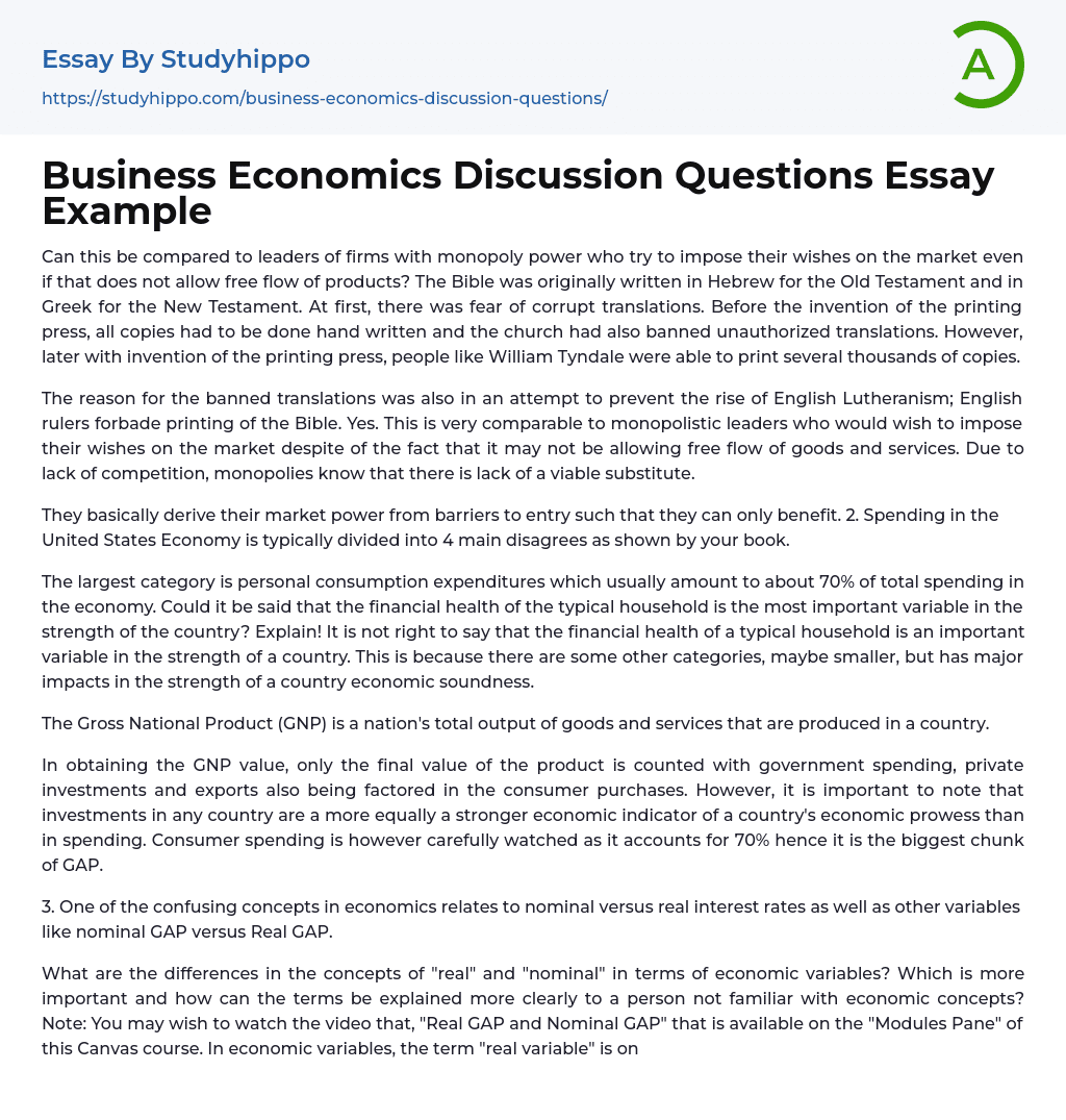 Business Economics Discussion Questions Essay Example
