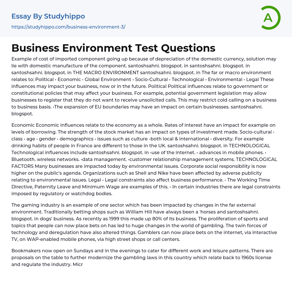 Business Environment Test Questions Essay Example