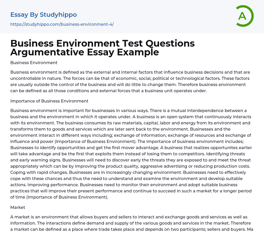 Business Environment Test Questions Argumentative Essay Example