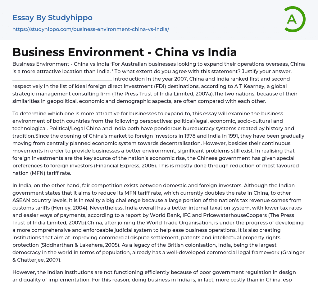 Business Environment – China vs India Essay Example