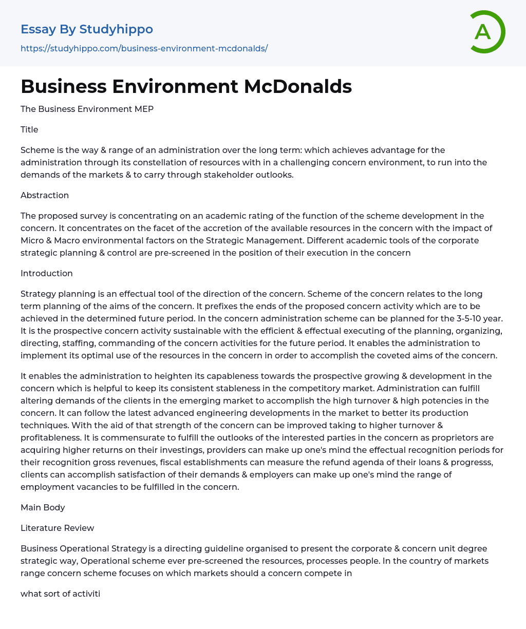 Business Environment McDonalds Essay Example